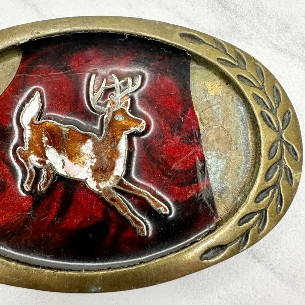 Vintage Aminco 1980 Solid Brass Deer Belt Buckle Red Black Enamel Oval Laurel ✨